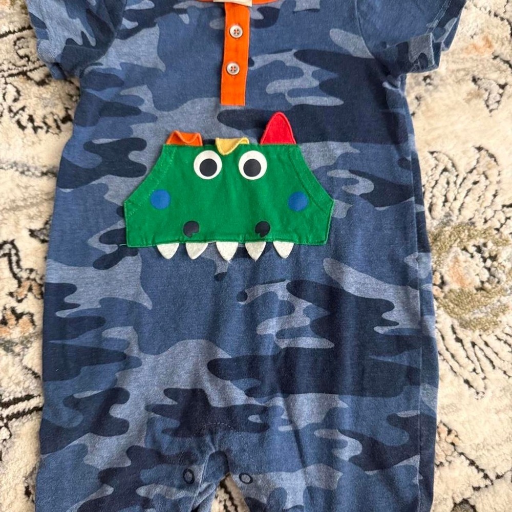 First Impression blue camo romper with dinosaur design, Size: 18 months